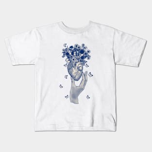 Blue hand heart and sunflowers, butterflies, daisies, anatomy illustration, drawing human heart with sweet flowers Kids T-Shirt